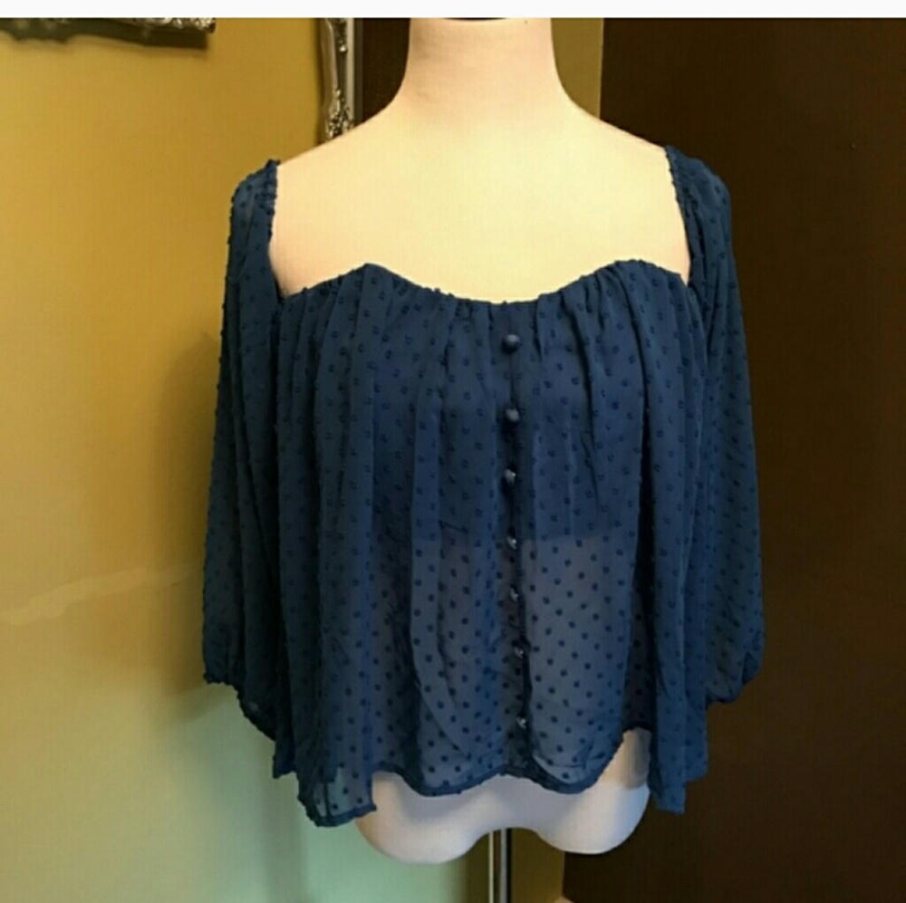 Shinestar-Blue Strapless Open Shoulder Sheer Top - Picture 1 of 8